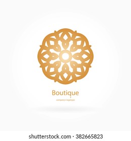 Luxury logotype in the shape of a flower for antique boutique. Gold logo, flower. Simple geometric sign. Icons, business, invitations. Volumetric golden big bud. Vintage. Islam, Arabic, Indian. Retro.