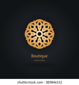 Luxury logotype in the shape of a flower for antique boutique. Gold logo, flower. Simple geometric sign. Icons, business, invitations. Volumetric golden big bud. Vintage. Islam, Arabic, Indian. Retro.