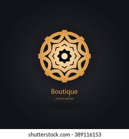Luxury logotype in the shape of a flower for antique boutique. Gold logo, flower. Simple geometric sign. Icons, business, invitations. Volumetric golden big bud. Vintage. Islam, Arabic, Indian. 