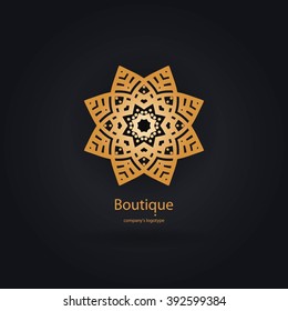 Luxury logotype in the shape of a flower for antique boutique. Gold logo, flower. Simple geometric sign. Icons, business, invitations. Volumetric golden big bud. Vintage. Islam, Arabic, Indian. 