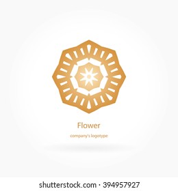 Luxury logotype in the shape of a flower for antique boutique. Gold logo, flower. Simple geometric sign. Icons, business, invitations. Volumetric golden big bud. Vintage. Islam, Arabic, Indian. 