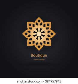 Luxury logotype in the shape of a flower for antique boutique. Gold logo, flower. Simple geometric sign. Icons, business, invitations. Volumetric golden big bud. Vintage. Islam, Arabic, Indian. 