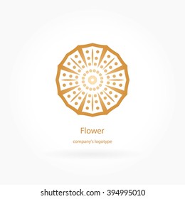 Luxury logotype in the shape of a flower for antique boutique. Gold logo, flower. Simple geometric sign. Icons, business, invitations. Volumetric golden big bud. Vintage. Islam, Arabic, Indian. 