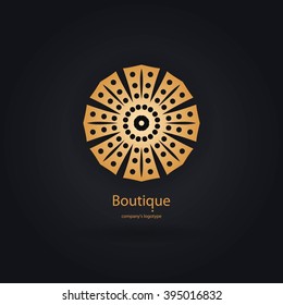 Luxury logotype in the shape of a flower for antique boutique. Gold logo, flower. Simple geometric sign. Icons, business, invitations. Volumetric golden big bud. Vintage. Islam, Arabic, Indian. 