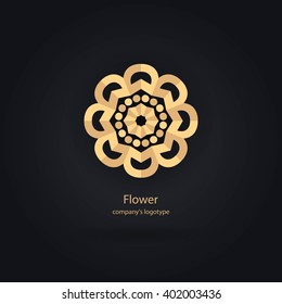 Luxury logotype in the shape of a flower for antique boutique. Gold logo, flower. Simple geometric sign. Icons, business, invitations. Volumetric golden big bud. Vintage. Islam, Arabic, Indian. 