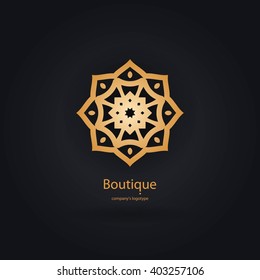 Luxury logotype in the shape of a flower for antique boutique. Gold logo, flower. Simple geometric sign. Icons, business, invitations. Volumetric golden big bud. Vintage. Islam, Arabic, Indian. 