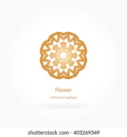 Luxury logotype in the shape of a flower for antique boutique. Gold logo, flower. Simple geometric sign. Icons, business, invitations. Volumetric golden big bud. Vintage. Islam, Arabic, Indian. 