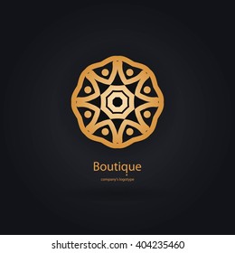 Luxury logotype in the shape of a flower for antique boutique. Gold logo, flower. Simple geometric sign. Icons, business, invitations. Volumetric golden big bud. Vintage. Islam, Arabic, Indian. 