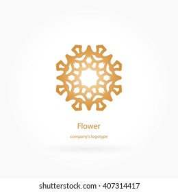 Luxury logotype in the shape of a flower for antique boutique. Gold logo, flower. Simple geometric sign. Icons, business, invitations. Volumetric golden big bud. Vintage. Islam, Arabic, Indian. 