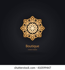Luxury logotype in the shape of a flower for antique boutique. Gold logo, flower. Simple geometric sign. Icons, business, invitations. Volumetric golden big bud. Vintage. Islam, Arabic, Indian. 