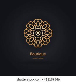 Luxury logotype in the shape of a flower for antique boutique. Gold logo, flower. Simple geometric sign. Icons, business, invitations. Volumetric golden big bud. Vintage. Islam, Arabic, Indian. 