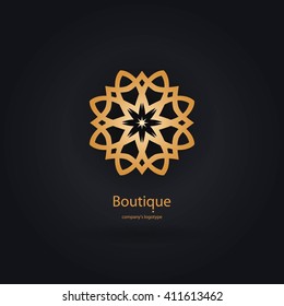 Luxury logotype in the shape of a flower for antique boutique. Gold logo, flower. Simple geometric sign. Icons, business, invitations. Volumetric golden big bud. Vintage. Islam, Arabic, Indian. 