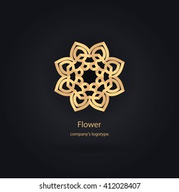 Luxury logotype in the shape of a flower for antique boutique. Gold logo, flower. Simple geometric sign. Icons, business, invitations. Volumetric golden big bud. Vintage. Islam, Arabic, Indian. 