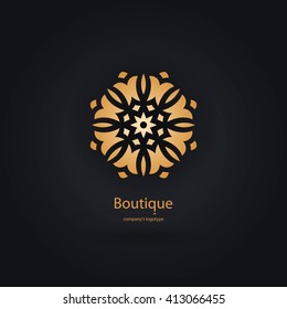 Luxury logotype in the shape of a flower for antique boutique. Gold logo, flower. Simple geometric sign. Icons, business, invitations. Volumetric golden big bud. Vintage. Islam, Arabic, Indian. 