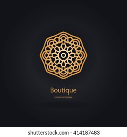 Luxury logotype in the shape of a flower for antique boutique. Gold logo, flower. Simple geometric sign. Icons, business, invitations. Volumetric golden big bud. Vintage. Islam, Arabic, Indian. 