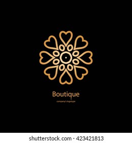 Luxury logotype in the shape of a flower for antique boutique. Gold logo, flower. Simple geometric sign. Icons, business, invitations. Volumetric golden big bud. Vintage. Islam, Arabic, Indian. 