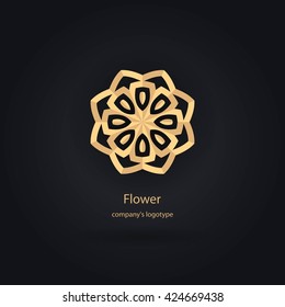 Luxury logotype in the shape of a flower for antique boutique. Gold logo, flower. Simple geometric sign. Icons, business, invitations. Volumetric golden big bud. Vintage. Islam, Arabic, Indian. 