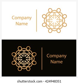 Luxury logotype in the shape of a flower for antique boutique. Gold logo, flower. Simple geometric sign. Icons, business, invitations. Volumetric golden big bud. Vintage. Islam, Arabic, Indian. 