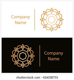 Luxury logotype in the shape of a flower for antique boutique. Gold logo, flower. Simple geometric sign. Icons, business, invitations. Volumetric golden big bud. Vintage. Islam, Arabic, Indian. 