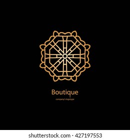 Luxury logotype in the shape of a flower for antique boutique. Gold logo, flower. Simple geometric sign. Icons, business, invitations. Volumetric golden big bud. Vintage. Islam, Arabic, Indian. 