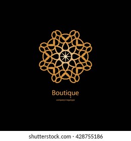 Luxury logotype in the shape of a flower for antique boutique. Gold logo, flower. Simple geometric sign. Icons, business, invitations. Volumetric golden big bud. Vintage. Islam, Arabic, Indian. 