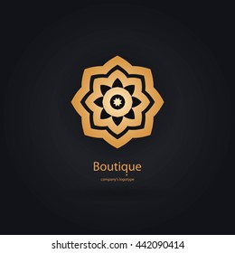 Luxury logotype in the shape of a flower for antique boutique. Gold logo, flower. Simple geometric sign. Icons, business, invitations. Volumetric golden big bud. Vintage. Islam, Arabic, Indian. 