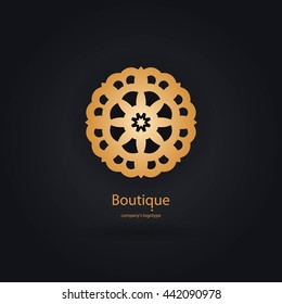 Luxury logotype in the shape of a flower for antique boutique. Gold logo, flower. Simple geometric sign. Icons, business, invitations. Volumetric golden big bud. Vintage. Islam, Arabic, Indian. 