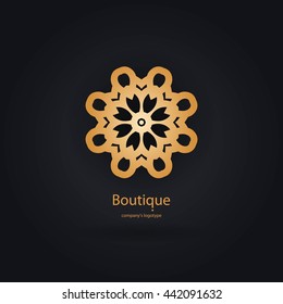 Luxury logotype in the shape of a flower for antique boutique. Gold logo, flower. Simple geometric sign. Icons, business, invitations. Volumetric golden big bud. Vintage. Islam, Arabic, Indian. 
