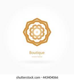 Luxury logotype in the shape of a flower for antique boutique. Gold logo, flower. Simple geometric sign. Icons, business, invitations. Volumetric golden big bud. Vintage. Islam, Arabic, Indian. 