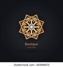 Luxury logotype in the shape of a flower for antique boutique. Gold logo, flower. Simple geometric sign. Icons, business, invitations. Volumetric golden big bud. Vintage. Islam, Arabic, Indian. 