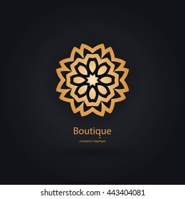 Luxury logotype in the shape of a flower for antique boutique. Gold logo, flower. Simple geometric sign. Icons, business, invitations. Volumetric golden big bud. Vintage. Islam, Arabic, Indian. 