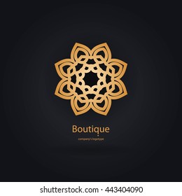 Luxury logotype in the shape of a flower for antique boutique. Gold logo, flower. Simple geometric sign. Icons, business, invitations. Volumetric golden big bud. Vintage. Islam, Arabic, Indian. 