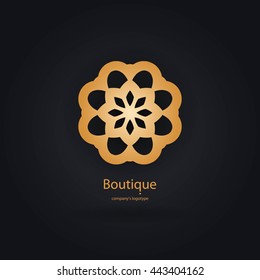 Luxury logotype in the shape of a flower for antique boutique. Gold logo, flower. Simple geometric sign. Icons, business, invitations. Volumetric golden big bud. Vintage. Islam, Arabic, Indian. 