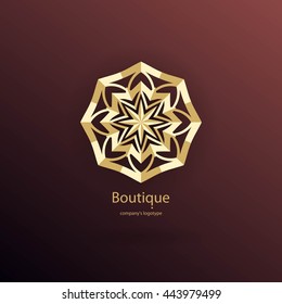 Luxury logotype in the shape of a flower for antique boutique. Gold logo, flower. Simple geometric sign. Icons, business, invitations. Volumetric golden big bud. Vintage. Islam, Arabic, Indian. 