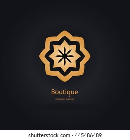 Luxury logotype in the shape of a flower for antique boutique. Gold logo, flower. Simple geometric sign. Icons, business, invitations. Volumetric golden big bud. Vintage. Islam, Arabic, Indian. 