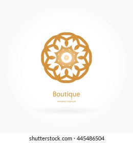 Luxury logotype in the shape of a flower for antique boutique. Gold logo, flower. Simple geometric sign. Icons, business, invitations. Volumetric golden big bud. Vintage. Islam, Arabic, Indian. 