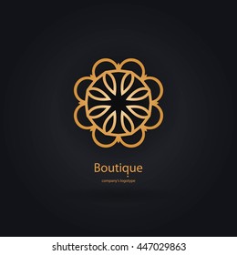Luxury logotype in the shape of a flower for antique boutique. Gold logo, flower. Simple geometric sign. Icons, business, invitations. Volumetric golden big bud. Vintage. Islam, Arabic, Indian. 