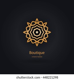 Luxury logotype in the shape of a flower for antique boutique. Gold logo, flower. Simple geometric sign. Icons, business, invitations. Volumetric golden big bud. Vintage. Islam, Arabic, Indian. 