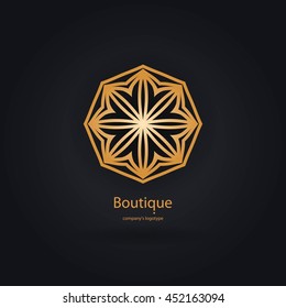 Luxury logotype in the shape of a flower for antique boutique. Gold logo, flower. Simple geometric sign. Icons, business, invitations. Volumetric golden big bud. Vintage. Islam, Arabic, Indian. 