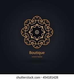 Luxury logotype in the shape of a flower for antique boutique. Gold logo, flower. Simple geometric sign. Icons, business, invitations. Volumetric golden big bud. Vintage. Islam, Arabic, Indian. 