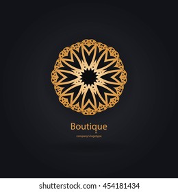 Luxury logotype in the shape of a flower for antique boutique. Gold logo, flower. Simple geometric sign. Icons, business, invitations. Volumetric golden big bud. Vintage. Islam, Arabic, Indian. 