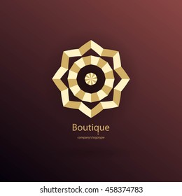 Luxury logotype in the shape of a flower for antique boutique. Gold logo, flower. Simple geometric sign. Icons, business, invitations. Volumetric golden big bud. Vintage. Islam, Arabic, Indian. 
