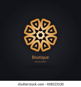 Luxury logotype in the shape of a flower for antique boutique. Gold logo, flower. Simple geometric sign. Icons, business, invitations. Volumetric golden big bud. Vintage. Islam, Arabic, Indian. 