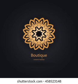 Luxury logotype in the shape of a flower for antique boutique. Gold logo, flower. Simple geometric sign. Icons, business, invitations. Volumetric golden big bud. Vintage. Islam, Arabic, Indian. 