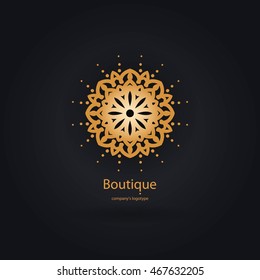 Luxury logotype in the shape of a flower for antique boutique. Gold logo, flower. Simple geometric sign. Icons, business, invitations. Volumetric golden big bud. Vintage. Islam, Arabic, Indian. 