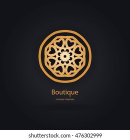 Luxury logotype in the shape of a flower for antique boutique. Gold logo. Simple geometric sign. Icons, business, invitations. Volumetric golden big bud. Vintage. Islam, Arabic, Indian. Retro.