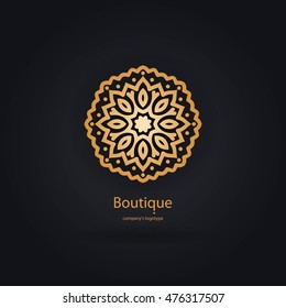 Luxury logotype in the shape of a flower for antique boutique. Gold logo. Simple geometric sign. Icons, business, invitations. Volumetric golden big bud. Vintage. Islam, Arabic, Indian. Retro.