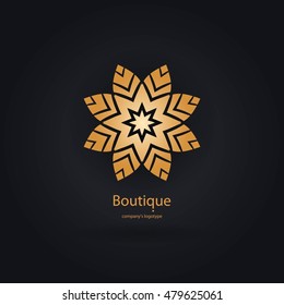 Luxury logotype in the shape of a flower for antique boutique. Gold logo, flower. Simple geometric sign. Icons, business, invitations. Volumetric golden big bud. Vintage. Islam, Arabic, Indian. Retro.
