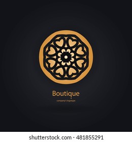 Luxury logotype in the shape of a flower for antique boutique. Gold logo, flower. Simple geometric sign. Icons, business, invitations. Volumetric golden big bud. Vintage. Islam, Arabic, Indian. Retro.