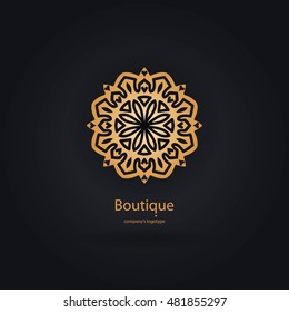 Luxury logotype in the shape of a flower for antique boutique. Gold logo, flower. Simple geometric sign. Icons, business, invitations. Volumetric golden big bud. Vintage. Islam, Arabic, Indian. Retro.